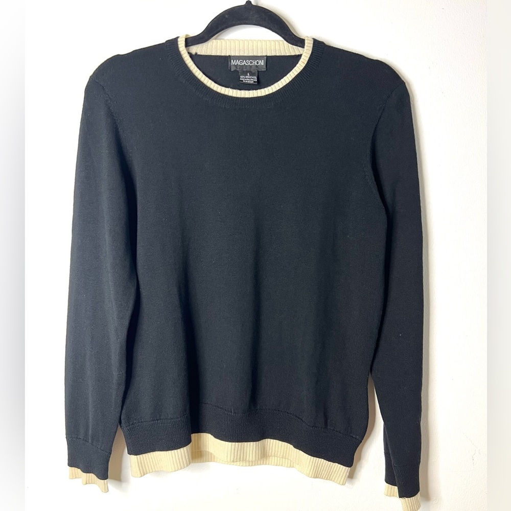 Magaschoni Merino Wool Sweater Black Cream SZ L EUC